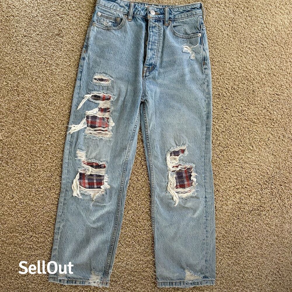 Free People Women's Boyfriend High Rise Jeans Size 25 Blue Plaid